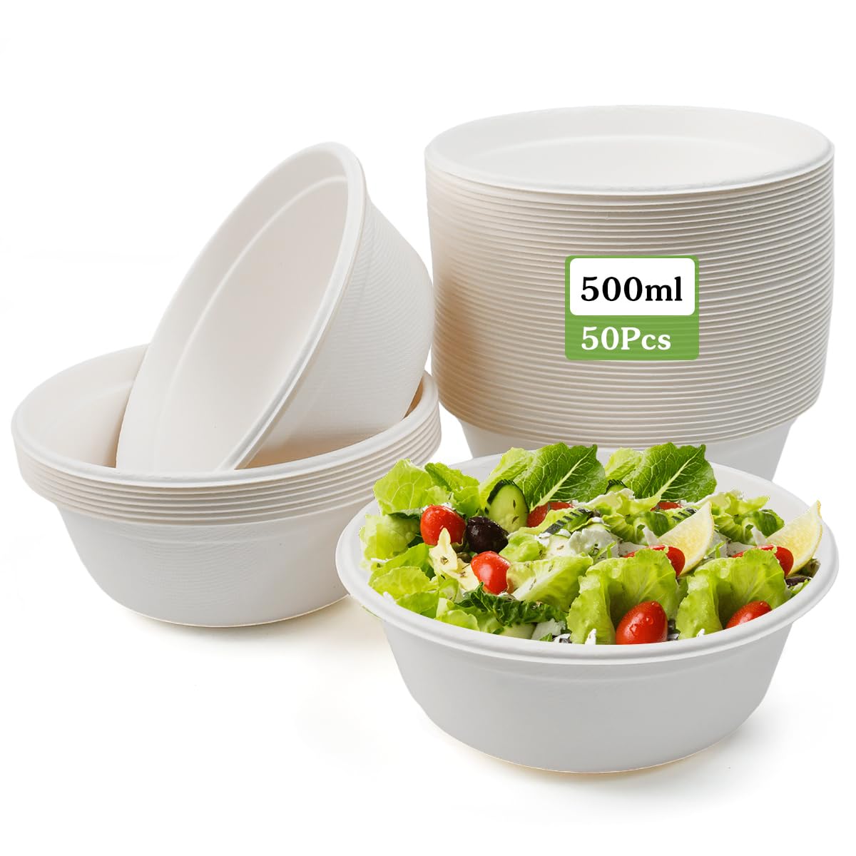 Kleemeiero 50 Pezzi Ciotole di Carta Bagasse di Canna da Zucchero 500ML Ciotola per Zuppa Biologica Rotonda Bianca Biodegradabili e Compostabili Piatti Carta per Picnic Barbecue Feste