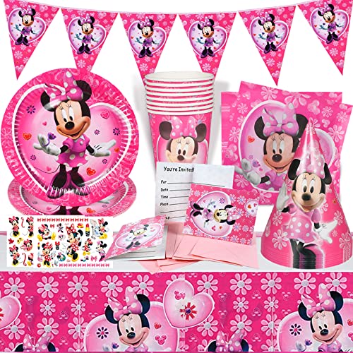 Forhome Minnie Mouse Geburtstagsdeko, 52 PCS Minnie Mouse Geburtstag Deko Party Supplies Set, Minnie Mouse Deko Kindergeburtstag Geschirr Set Pappteller Becher Servietten Geburtstagsfeier Mädchen Cover