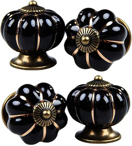Pomos de cerámica para gabinete, paquete de 4, manijas de puerta de calabaza elegantes y vintage para cocina/cajón/armario/armario (negro, 4 piezas)