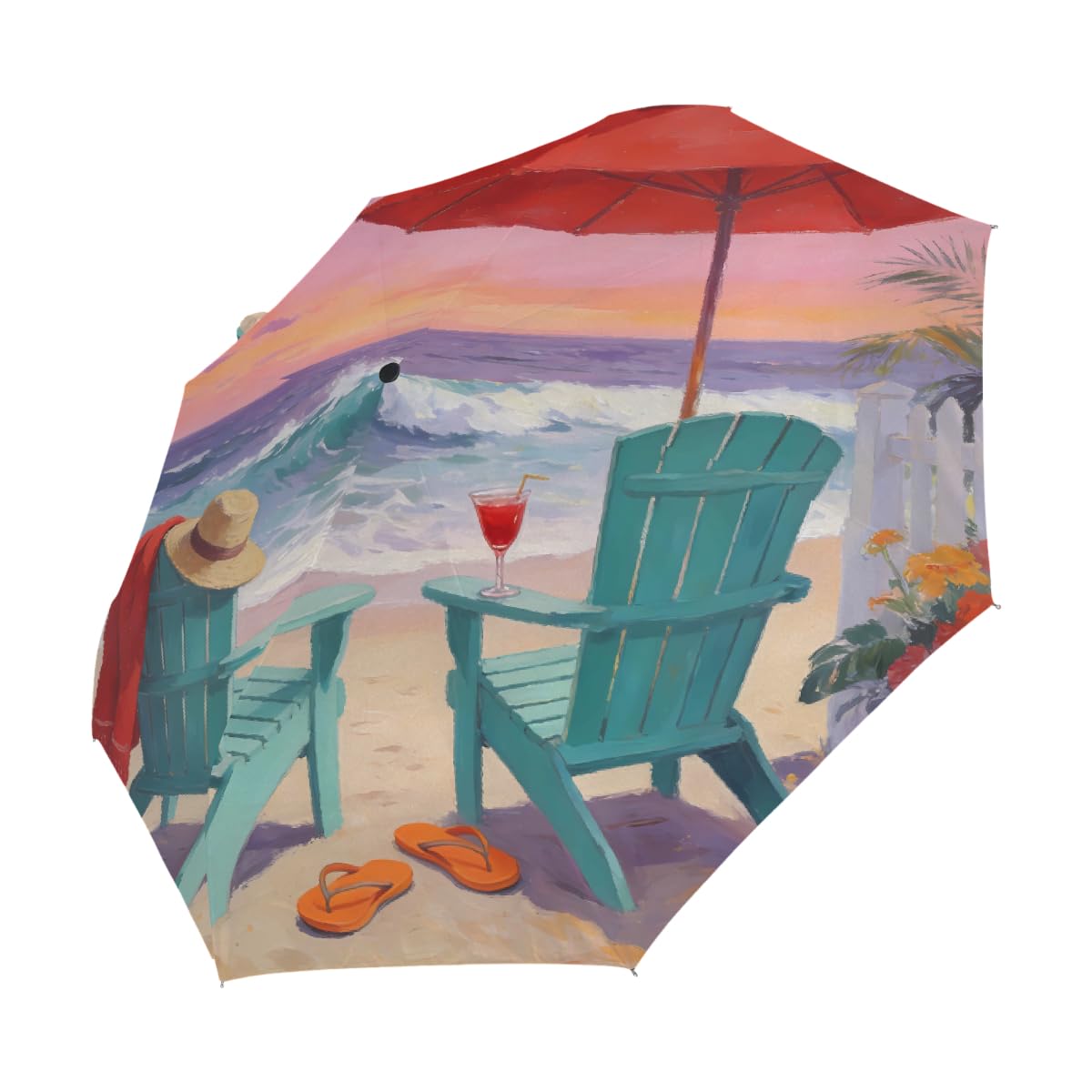 Ombrello pieghevole con pittura a olio e tramonto da spiaggia, ombrello da viaggio, compatto, antivento, impermeabile, con protezione UV, rivestimento nero, leggero, 8 costine, portatile, per