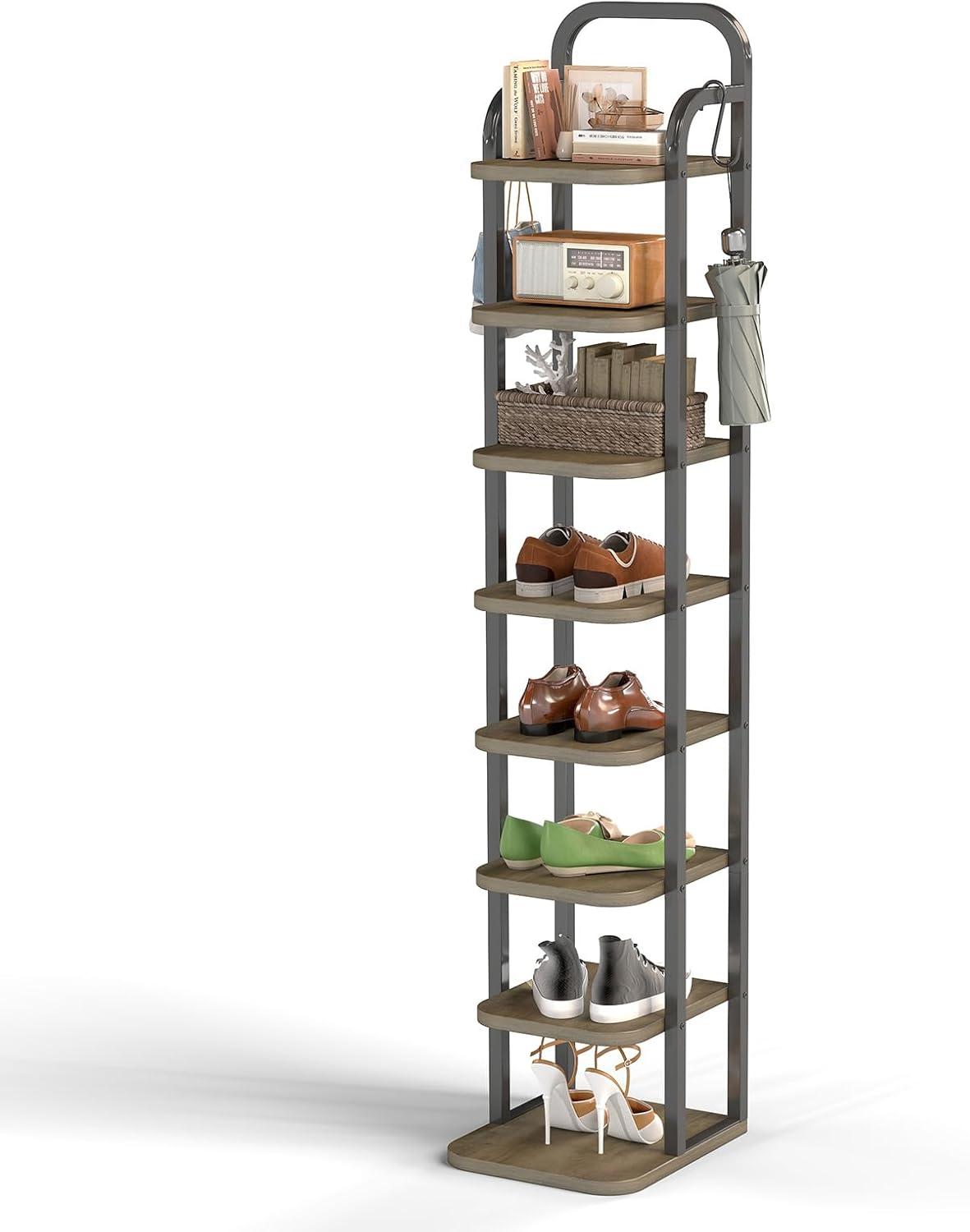 ITEFDTUTNE 8 Tiers Vertical Shoe Rack, Narrow Shoe Tower Adjustable Shelves Wooden Tall Rack with 2 Hooks, Corner Storage Organizer for Small Spaces, Entryway, Living Room, Rustic (Light Brown)