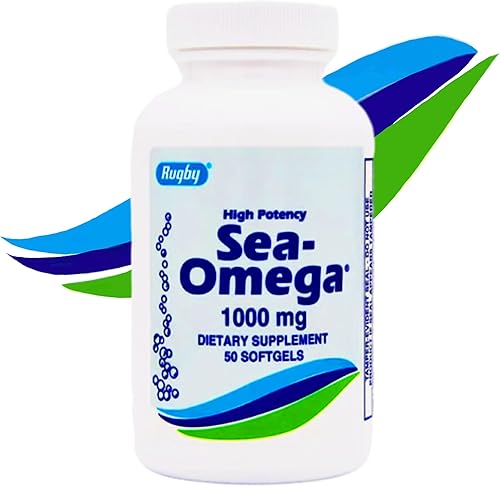 1000 mg de aceite de pescado natural sin hipo concentrado por Rugby Sea Omega 3 fabricado en Estados Unidos para hombresmujeres, 50 cápsulas blandas
