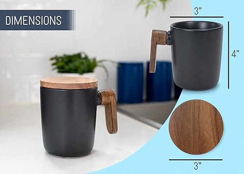 Miniatura 2 de Nat & Jules Taza de cerámica estilo japonés, negra, 12 onzas, con asa de madera y tapa con posavasos