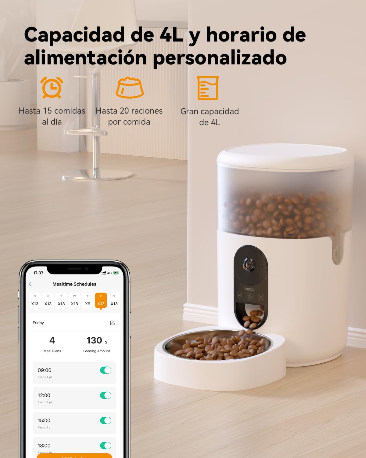 Imou 4L Comedero Gato Automatico con Cámara 4MP, 2.4G WiFi Dispensador Comida Gatos/Perros con Detección de Movimiento y Fuente de Alimentación Dual, Sensor de Alimentos Bajos, Audio Bidireccional