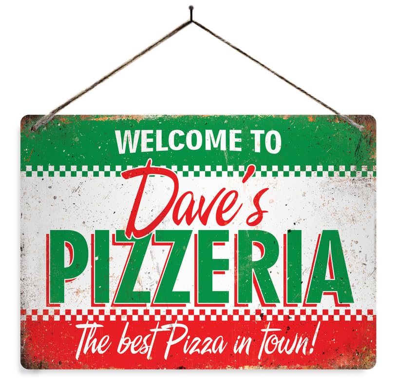Personalised Pizzeria. Small metal sign with no holes and sticky pads. Any name Pizza Familly Garden Kitchen