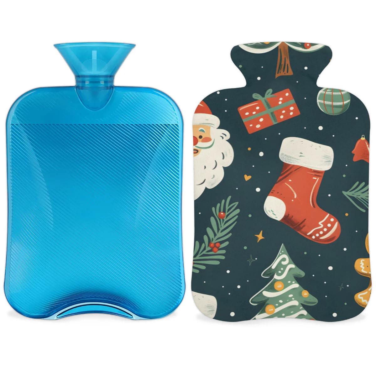 Hot Water Bottle with Soft Cover,2L Abstract Santa Claus Hot Water Bag for Hot and Cold Compress, Hand Feet Warmer, Colorful Santa Claus Rubber Hot or Cold Water Bottle Halloween Christmas Decorations