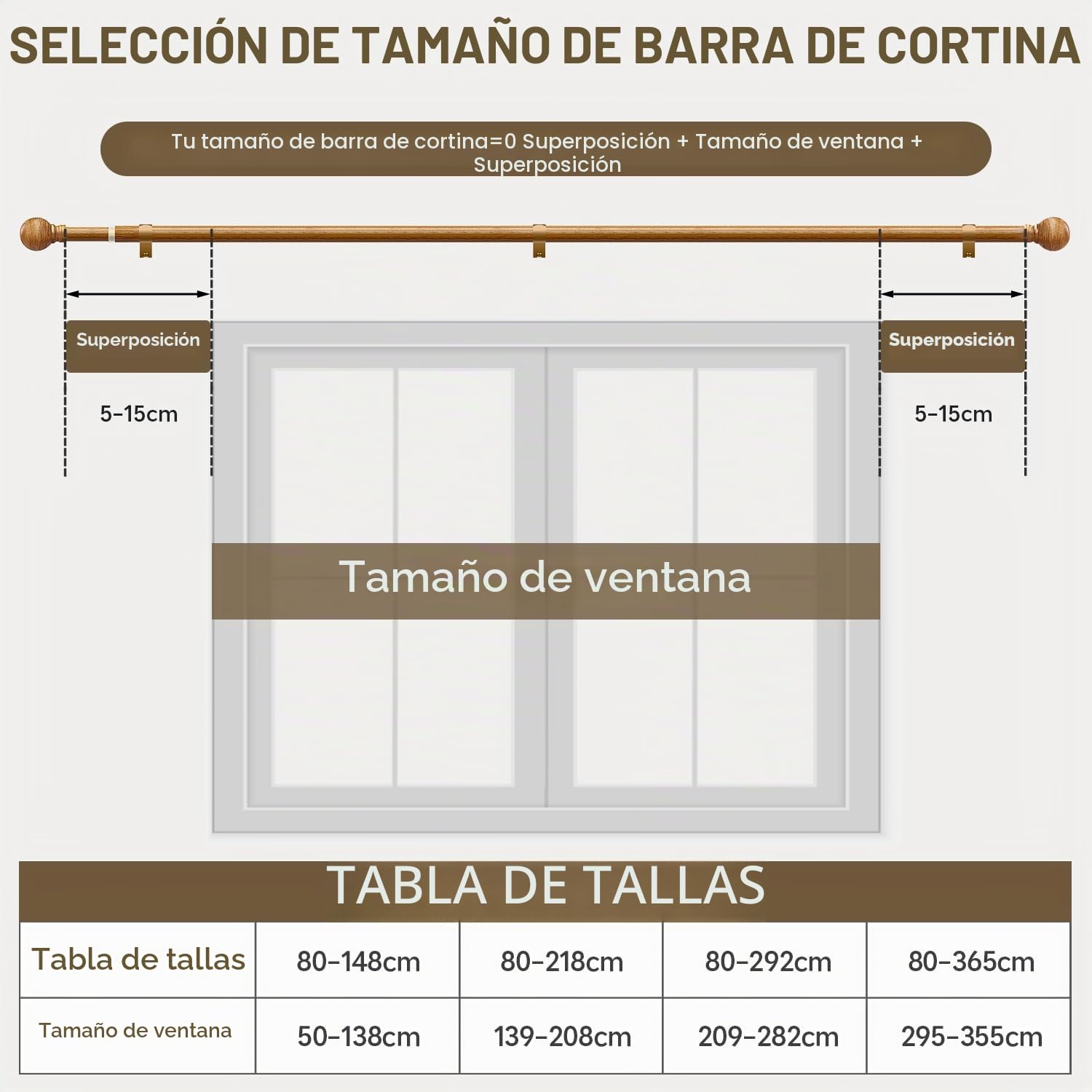 Barra De Cortinas Extensible Con Aspecto Madera,Longitud 82-292 Cm | Estilo RúStico,InstalacióN Mural,DiáMetro 25 Mm,Capacidad De Carga 15 Kg,Apta Para Interiores Dormitorio y SalóN
