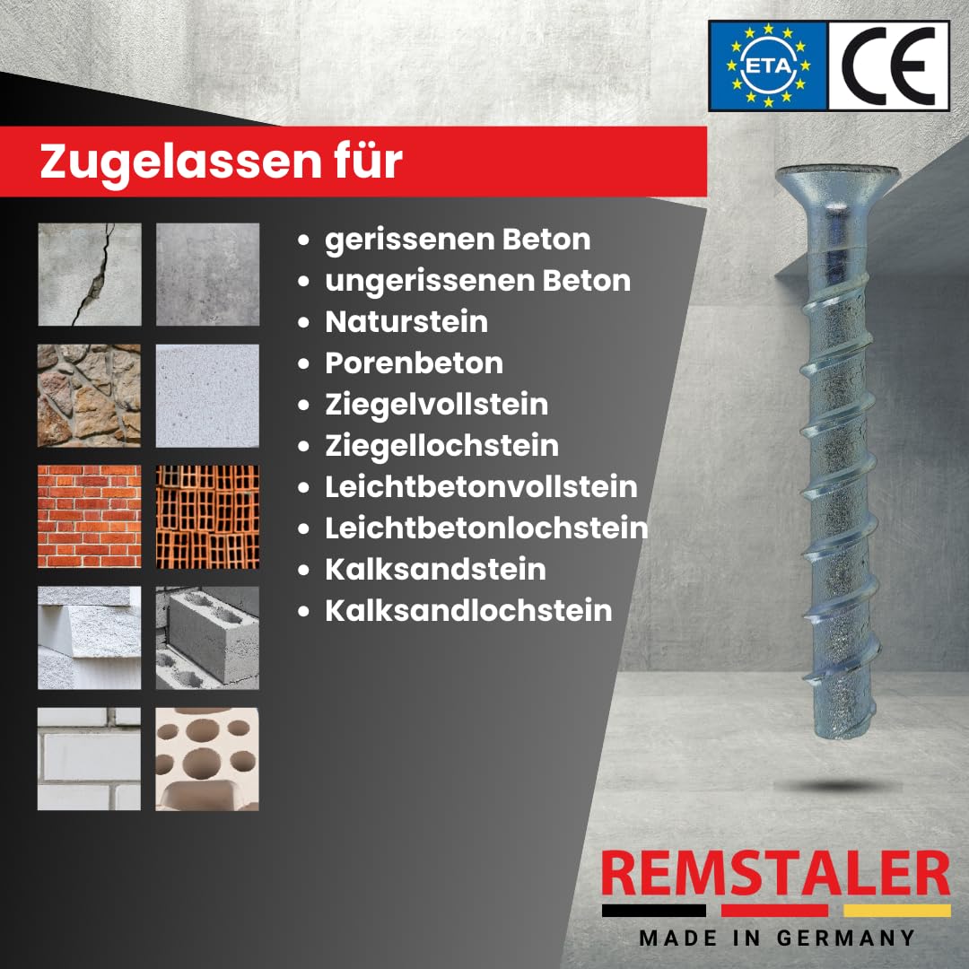 100x Remstaler BETONSCHRAUBE Senkkopf mit Torx-Antrieb | STAHL VERZINKT | ETA Zulassung | made in GERMANY | Schraubanker (6x80)