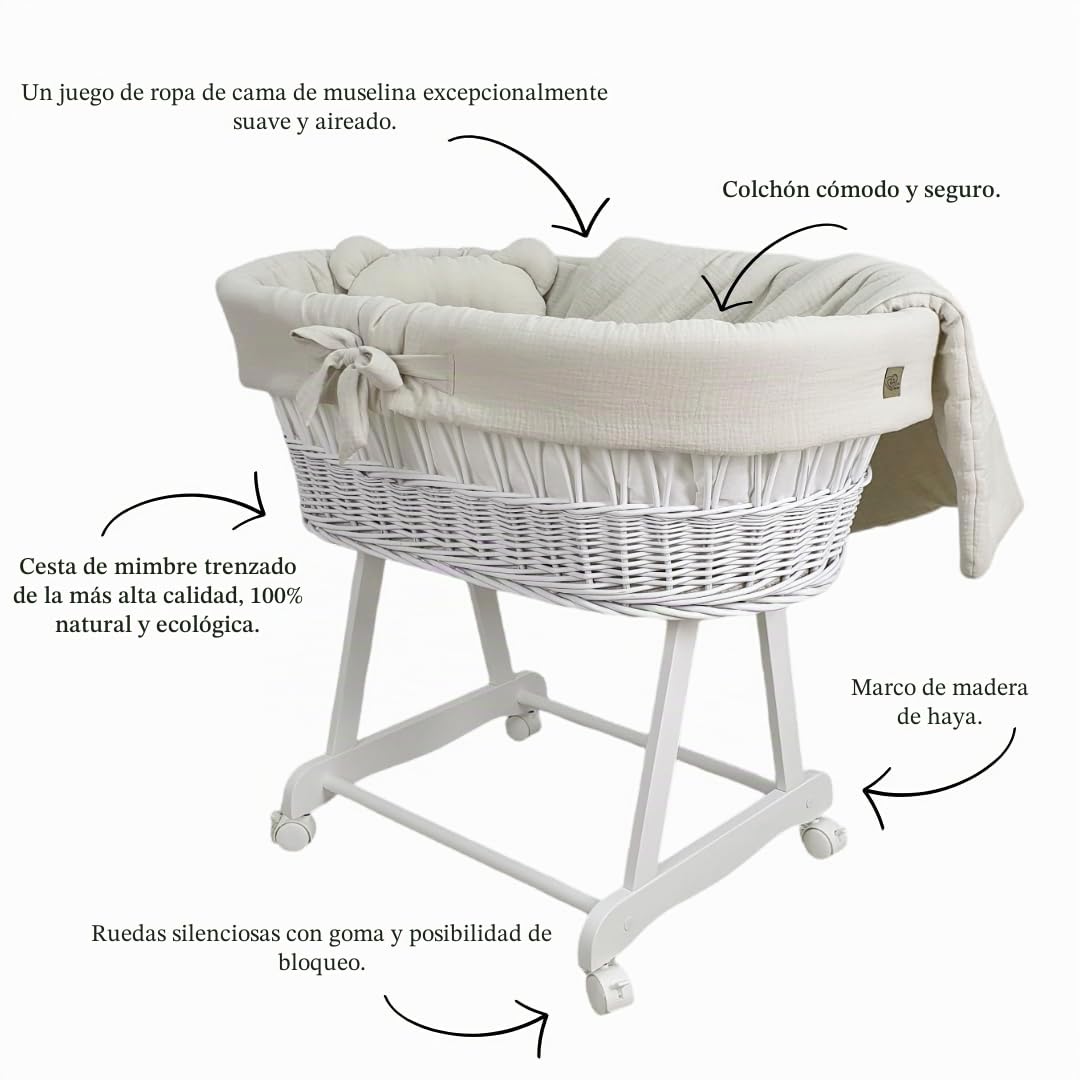 WIKLINOPOL Moisés Bebé con Ruedas y Freno – Cesta de Mimbre Natural con Colchón y Ropa de Cuna de Algodón 100% Oeko-Tex en Beige – Set Completo para Recién Nacidos – Modelo Amelia