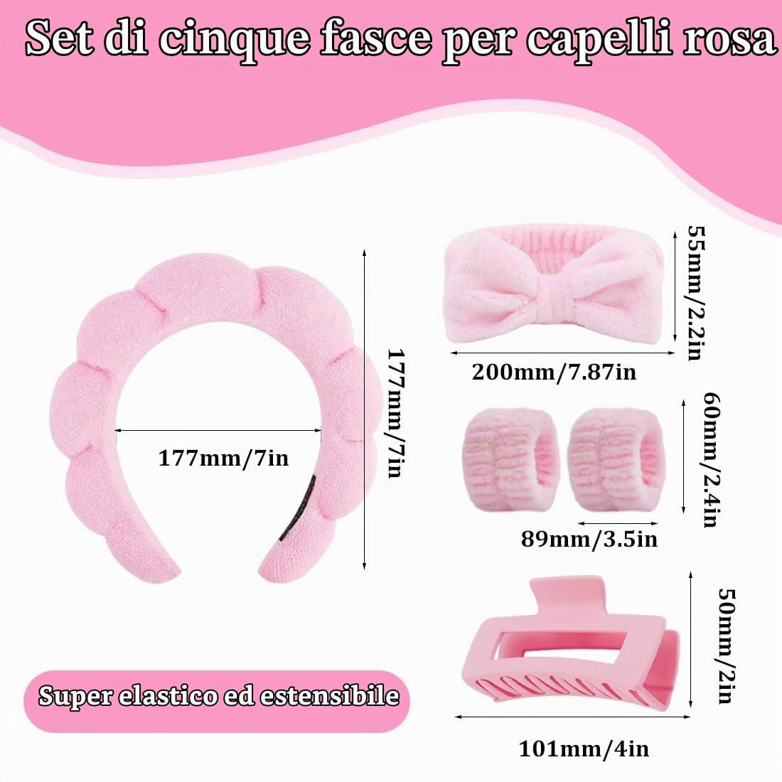 Fascia Capelli Donna, 5 Pezzi, Set di Polsini Spugna Morbida Terry Panno Trucco Skincare Fascia Antiscivolo, Archetto elastico antiscivolo, Adatto per lavare il viso, massaggi, fare la doccia