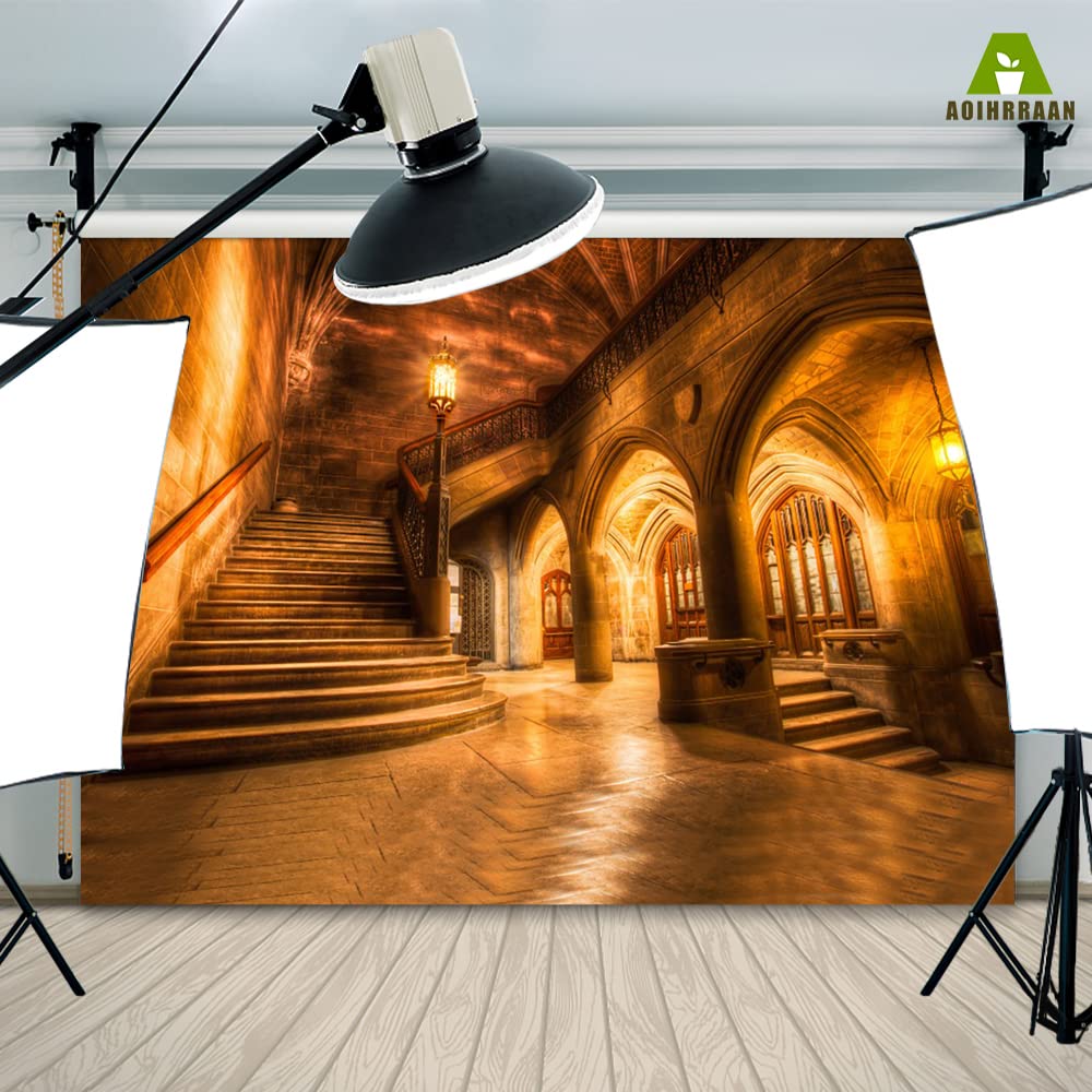 Aoihrraan 3x2m Rétro Château Intérieur Toile De Fond Vintage Arcade Colonnes Vieux Escalier Européen Doré Église Photographie Voyage Vacances Anniversaire Mariage Amoureux Portrait Photo Vinyle