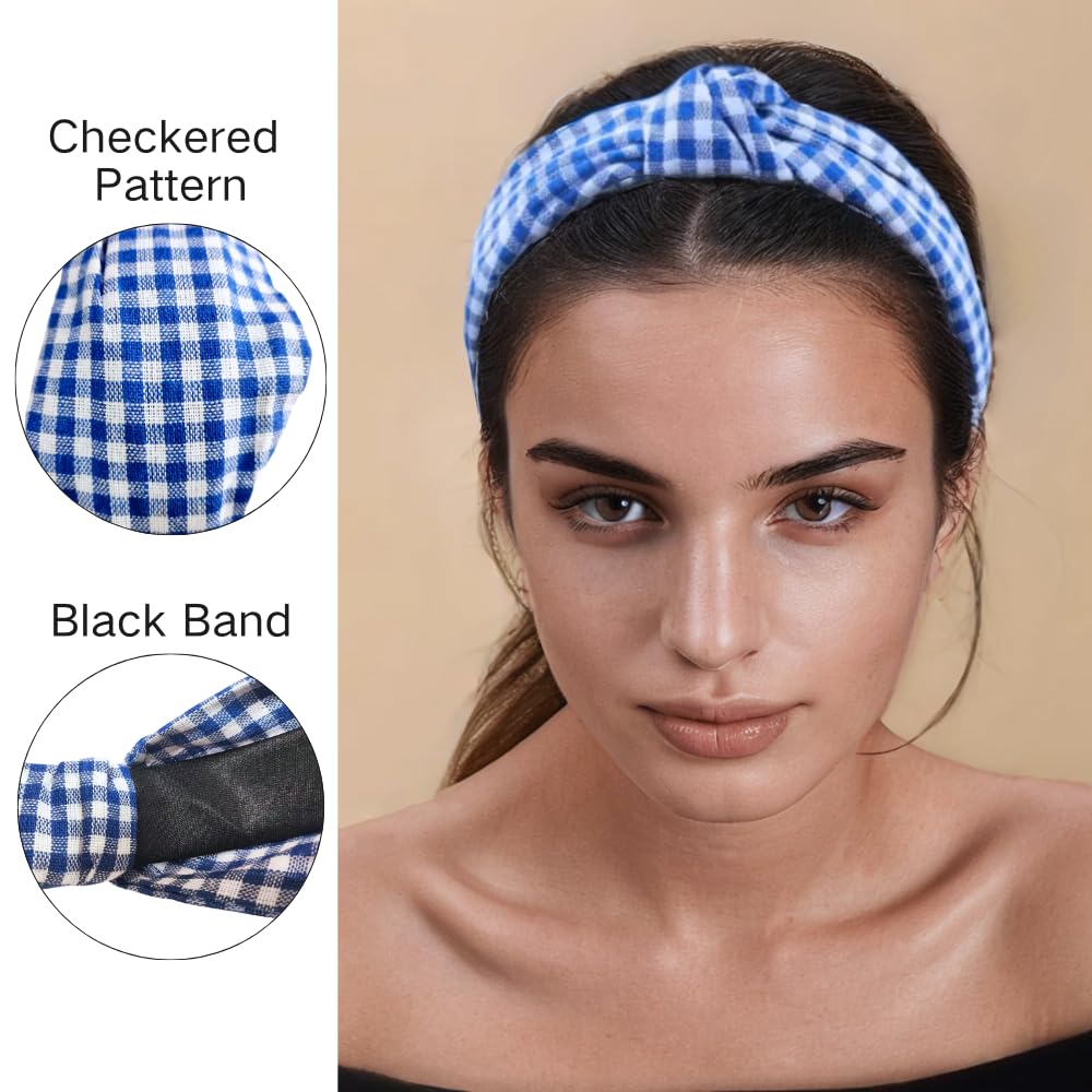 Set of 3 Padded Headbands Blue Gingham Black Velvet & Solid Blue Wide  Headbands Full Tilt Plaid Hair Headbands - Set Of 3 - Blue/Black White  main image 4