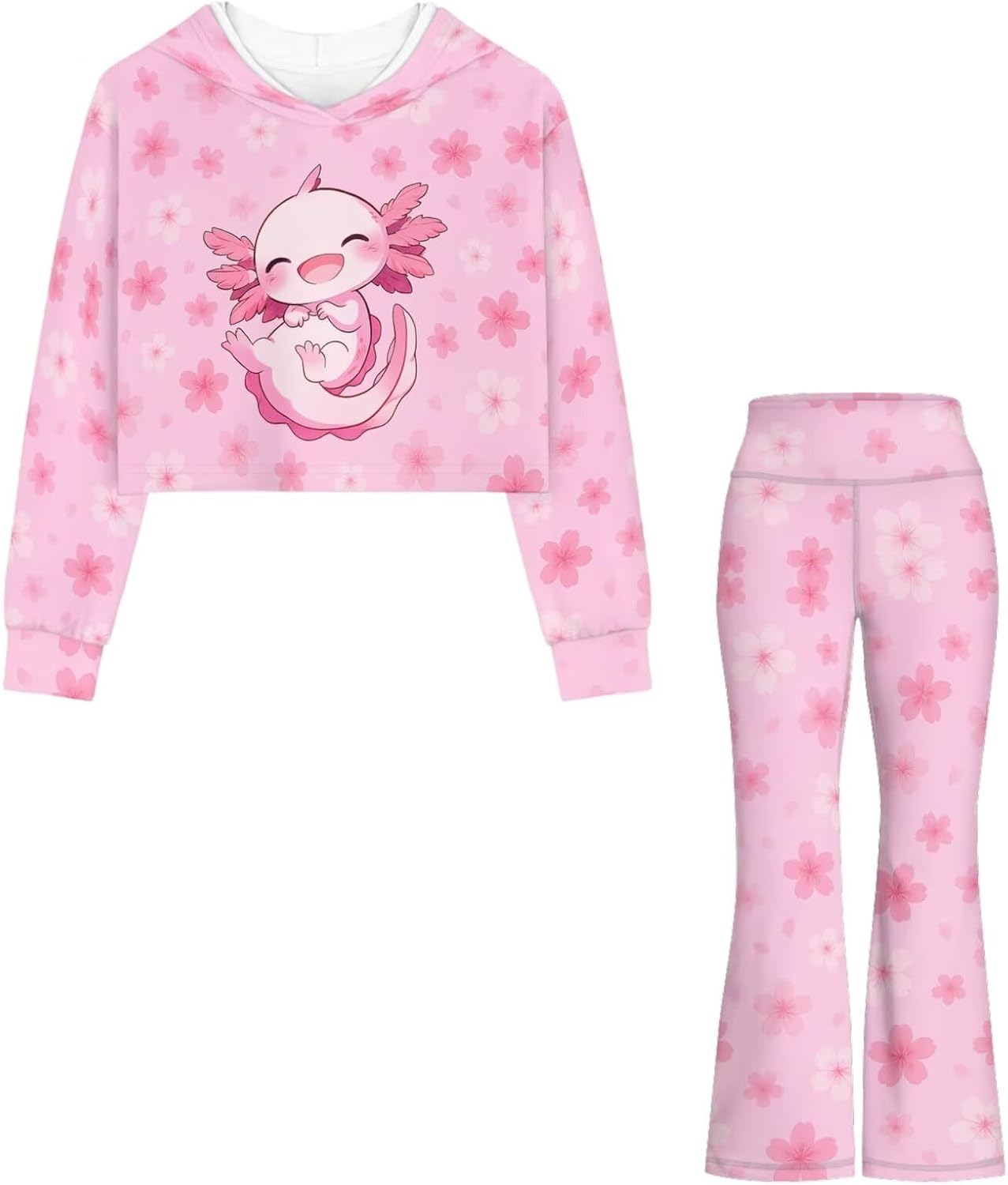 Girls Clothes Set 2 Pieces Long Sleeve Pullover for Kids 5-14 High Waist Flare Pants Soft Cozy Crop Tops Hoodies