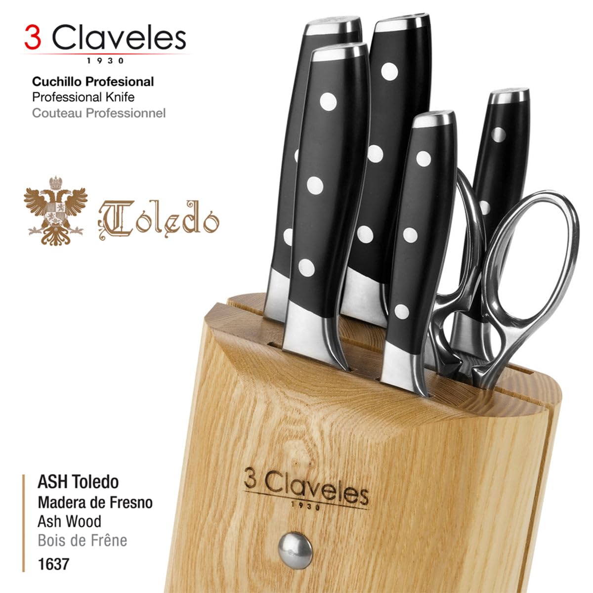 3 Claveles Juego Cocina, Madera,Acero Inoxidable, 5 Cuchillos Ash Toledo + 1 Tijera Star, 1637