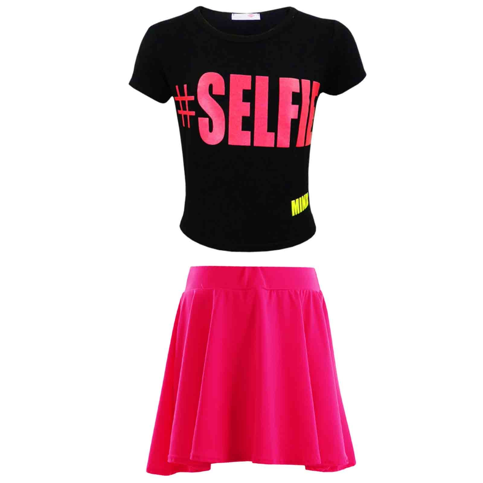 A2z 4 Kids Girls Black #Selfie Crop Top And Skirt Set Summer Outfit For Teenagers And Kids Soft Cotton - #Selfie Crop & Skirt Set 7-8