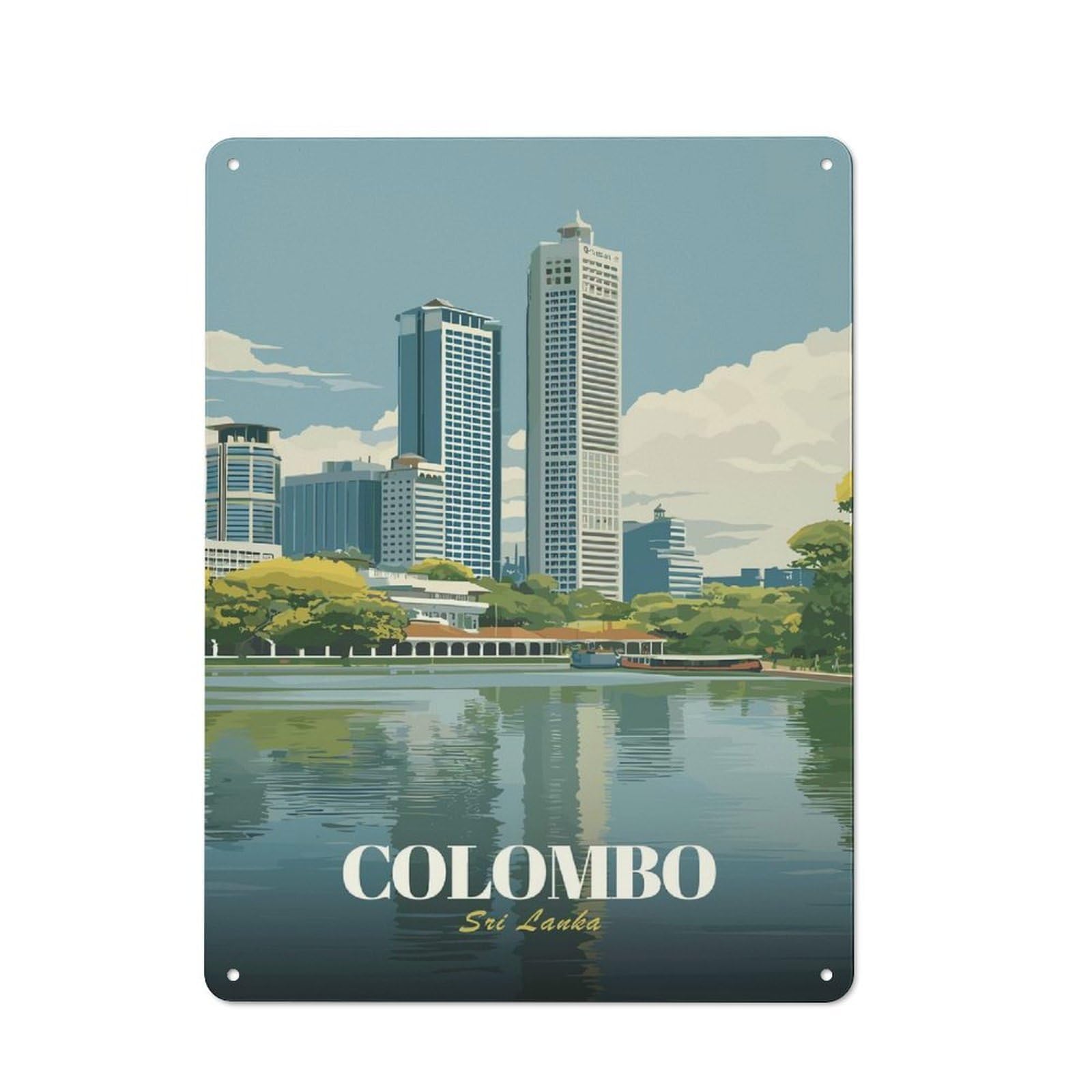 Junmoney Style-14 Tin Wall Plaque 40X30cm With Colombo, Sri Lanka Cityscape Illustration For Garage Wall, For People Furnishing A Garage, For Retro Home Interiors