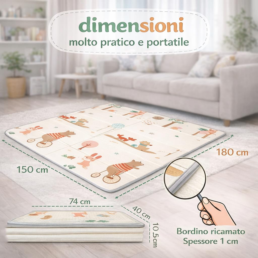 Tappeto Gioco Montessori Pieghevole Impermeabile 180x150x1 cm Schiuma per Bambini