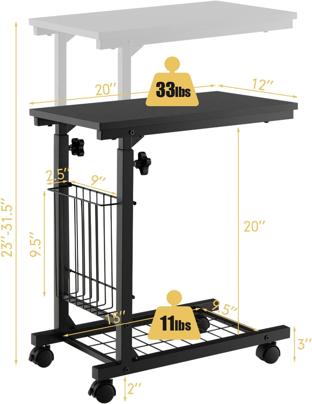 Tangkula Rolling Height Adjustable C Table, Mobile Couch Desk Sofa Side Table Coffee Tray, Living Room Snack Table Side Table Notebook Tablet, Portable Bedside Table Sofa Table