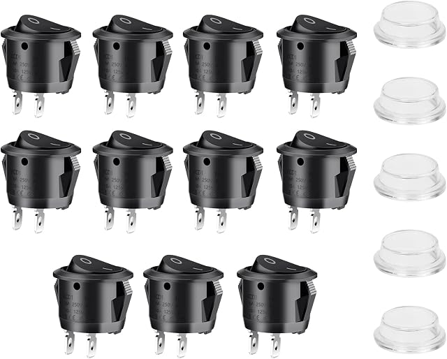 URAQT Round Rocker Switch, 11Pcs 2 Pin AC 10A/ 125V 6A/ 250V ON/OFF Button Power Switch, Snap-in Mini Toggle Switch for Car Truck Motorcycle Boat Marine