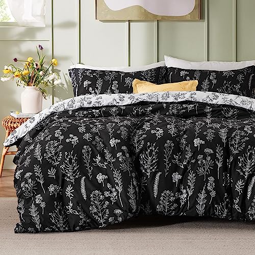 Image of Bedsure Full Comforter Set - Black Bed Set, 3 Pieces Cute Floral Bedding, 1 Soft Reversible Botanical Flowers Comforter and 2 Pillow Shams