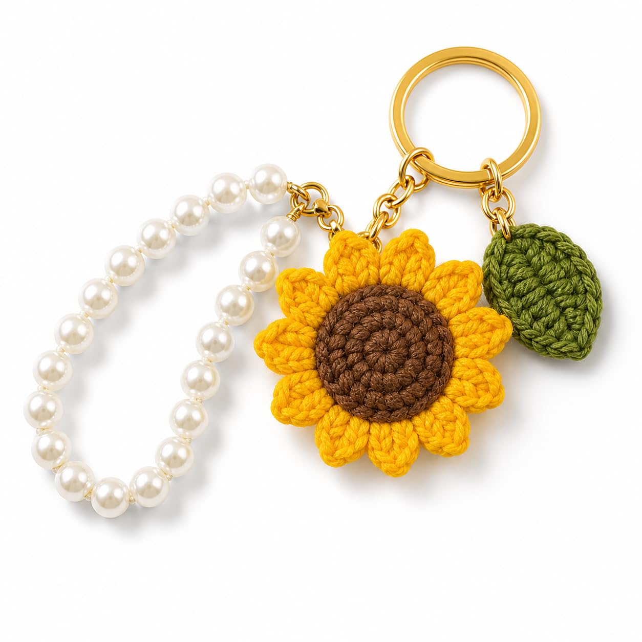 Daisy Sunflower Crochet Keychain Combo with Pearl String, Handmade Flower Keyring Set, Aesthetic Gift Set for Girls Women, Best Friend Gift-image-47