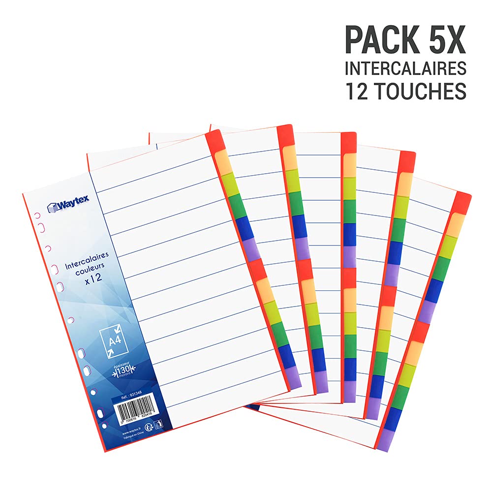 WAYTEX 931348C5 A4 12 Tabs Polypropylene Dividers Bright Colours with Index (Pack of 5), Multicolored, Lot de 5 - 12 touches - Image 2