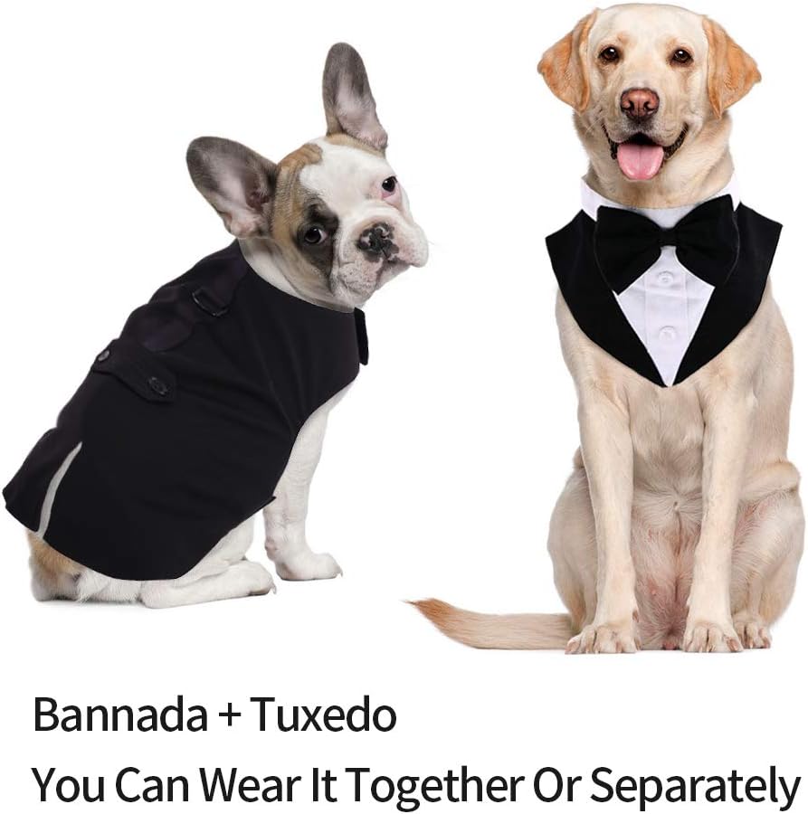 IDOMIK Dog Tuxedo for Small Medium Large Doggie, Detachable Dog Formal Wedding Suit with Tuxedo Vest & Bow Ties Collar & Bandana Scarf Set, Wedding Attire Shirt for Birthday Party Costume