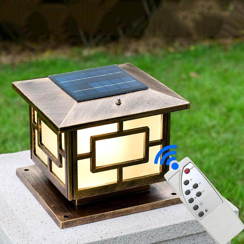 Lampe solaire extérieure rétro vintage IP65 étanche paysage LED lampadaire rue pelouse lanterne en verre en aluminium vitrine patio porche colonne lampe avec intelligent, lumière blanche-or 30 cm