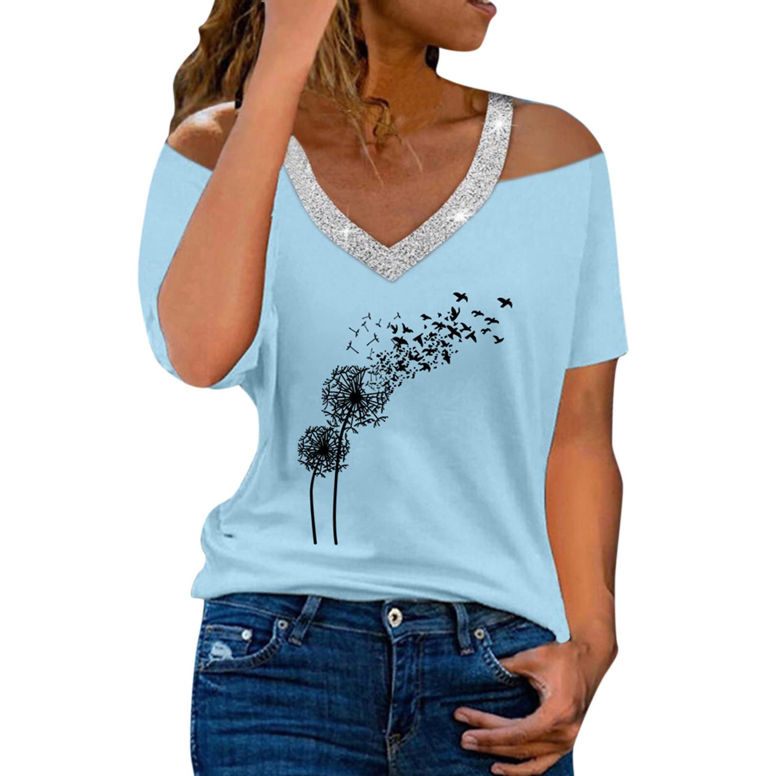 Yowablo Women Short Sleeve T Shirt V Neck Off Shoulder Dandelion Print T Shirt