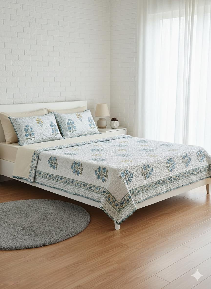 Cotton Quilted Bedspread Set with Pillow Covers, Blue Floral Block Print, Beige Base, Lightweight Summer Quilt, Queen Size, Reversible Bedding-image-4