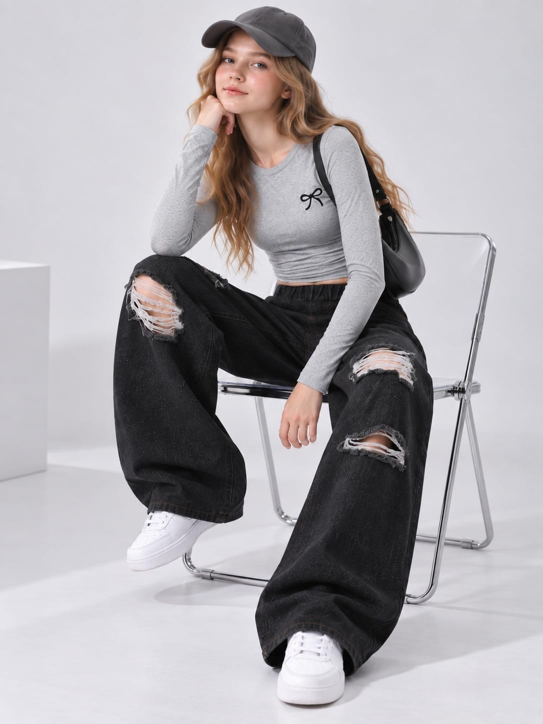 Teen Girls Clothes 2 Piece Fall Winter Outfits Bow Print Long Sleeve Top & Ripped Wide Leg Denim Jeans Set