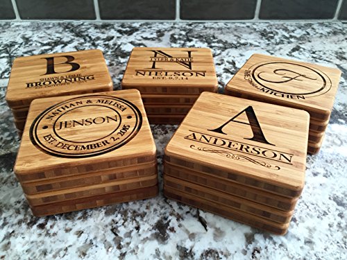 Monogram Wood Coasters for Drinks - Personalized Wedding-Gifts, Bridal Shower-Gifts (Set of 4, Jenson Design)