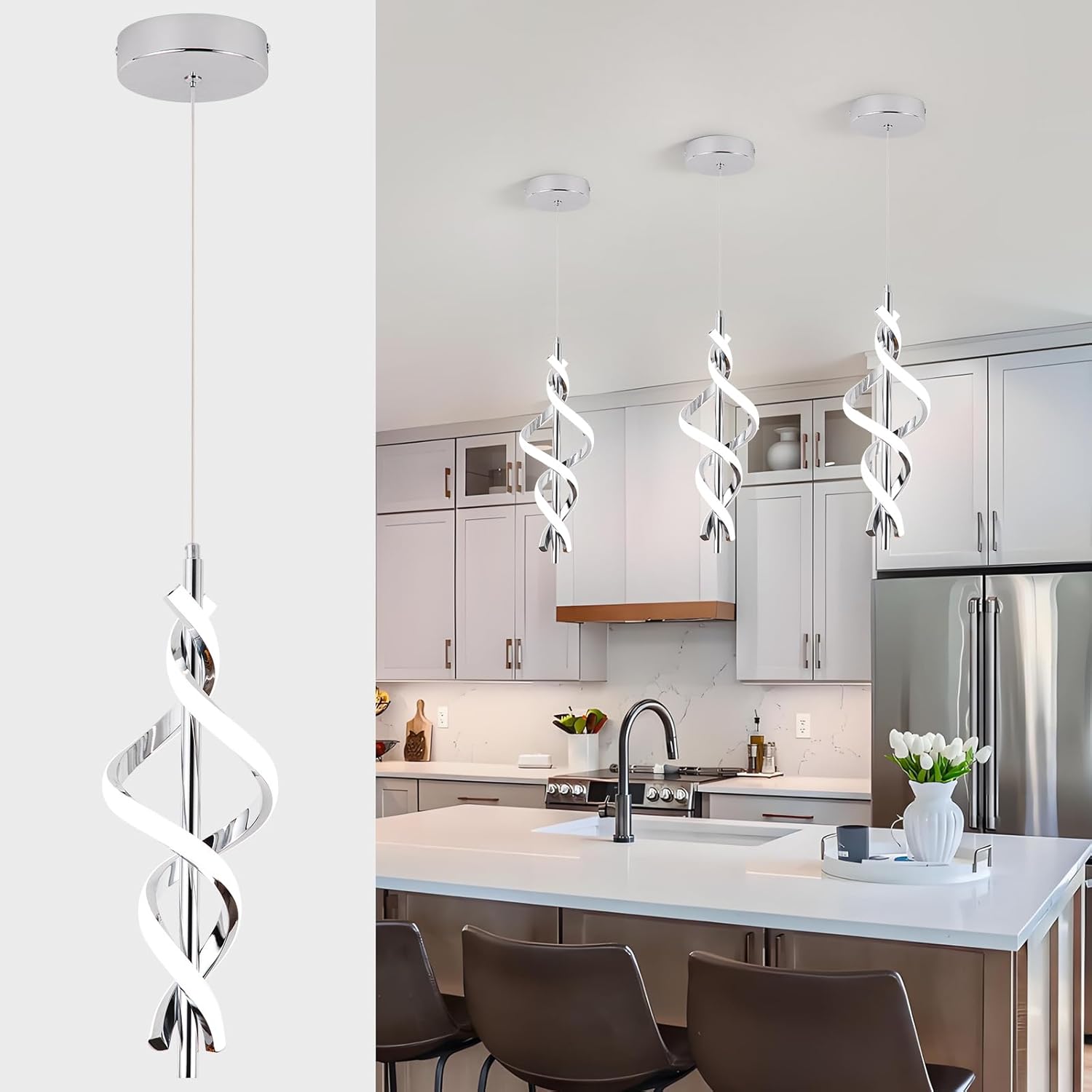 Modern LED Pendant Light Fixtures 4000K Pendant Lights Chrome Hanging Lamp for Dining Room Bedroom Living Room (1 Pack)