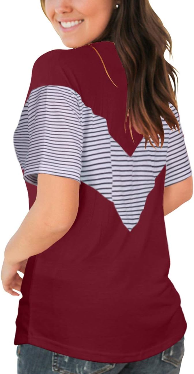 Womens T Shirts Scoop Neck Striped Short Sleeves Basic Summer Tee Tops Wine S