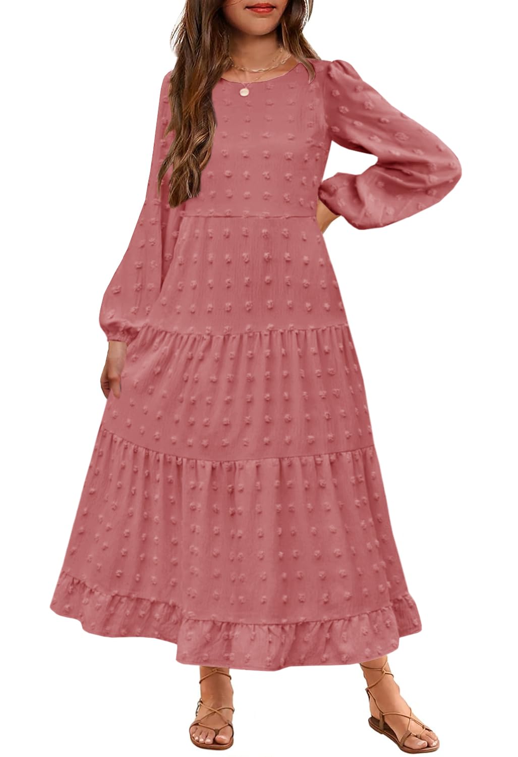 HOSIKA Girls Maxi Dress Long Sleeve Swiss Dot A Line Tiered Flowy Casual Party Dresses with Pockets for 6-12 Y