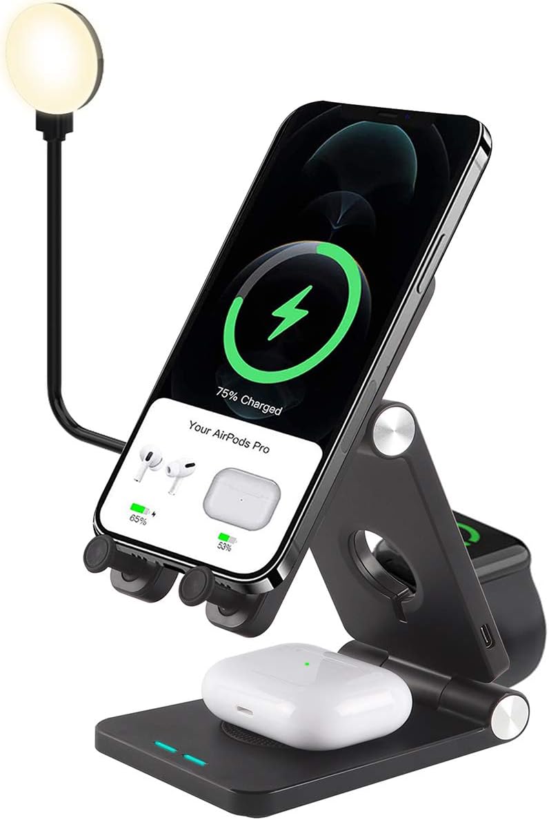 DIGIBLUSKYWireless Charger Wireless Charging Station with Fill Light 4 in 1 Qi Fast Charging Stand Foldable Dock for iPhone 1211 SeriesXSXRX88 Plus, iWatch Series 65432, AirPods 2Pro, Black