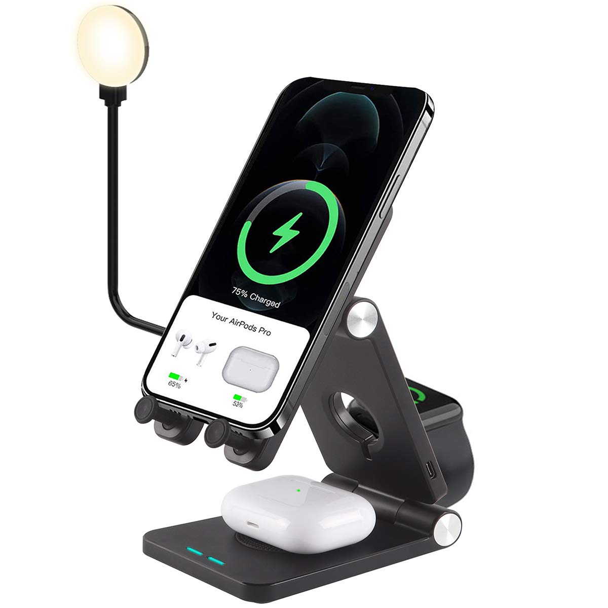 DIGIBLUSKYWireless Charger Wireless Charging Station with Fill Light 4 in 1 Qi Fast Charging Stand Foldable Dock for iPhone 1211 SeriesXSXRX88 Plus, iWatch Series 65432, AirPods 2Pro, Black