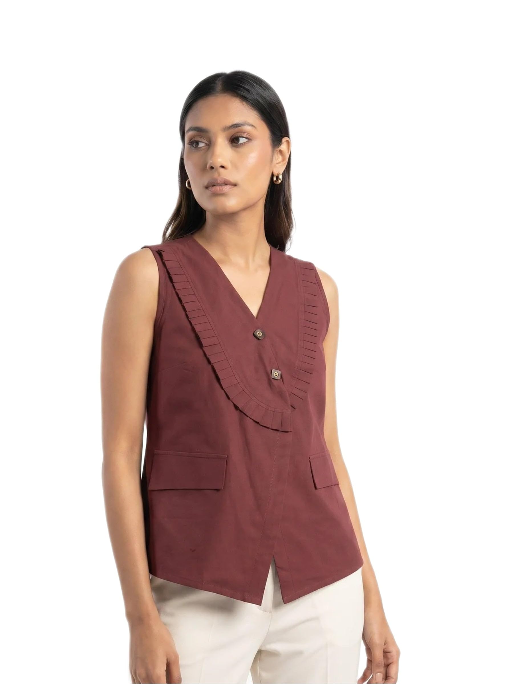 Women Maroon Solid Pleated V Neck Sleeveless Fashion Vest for Business Formal Wear-image-48