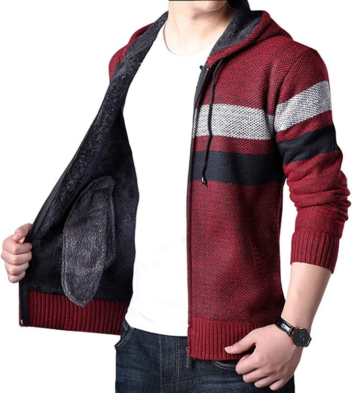 Shanghai Story Men's Warm Sherpa Lined Knit Striped Hoodie Thicken Cardigan Sweater Jacket2