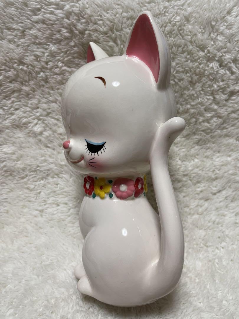 希少】内藤ルネ猫の貯金箱 陶器製 左招き招き猫