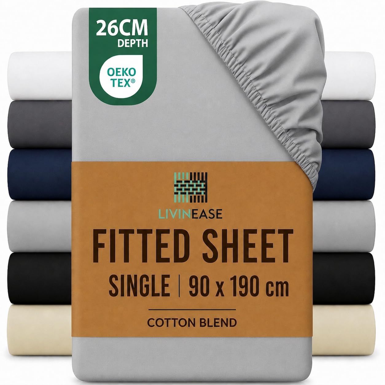 LivinEase Single Fitted Sheet -10inch(26cm) Deep Cotton Blend Fitted Sheet Single Bed -Bobble Free, Easy Care, Soft and Comfortable Silver Single Bed Sheets (Silver, Single)