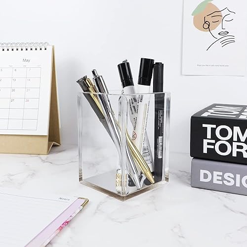 Miniatura 3 de Mogoostry Portalápices de acrílico transparente, bonito soporte para brochas de maquillaje, contenedor de almacenamiento plateado, organizador de