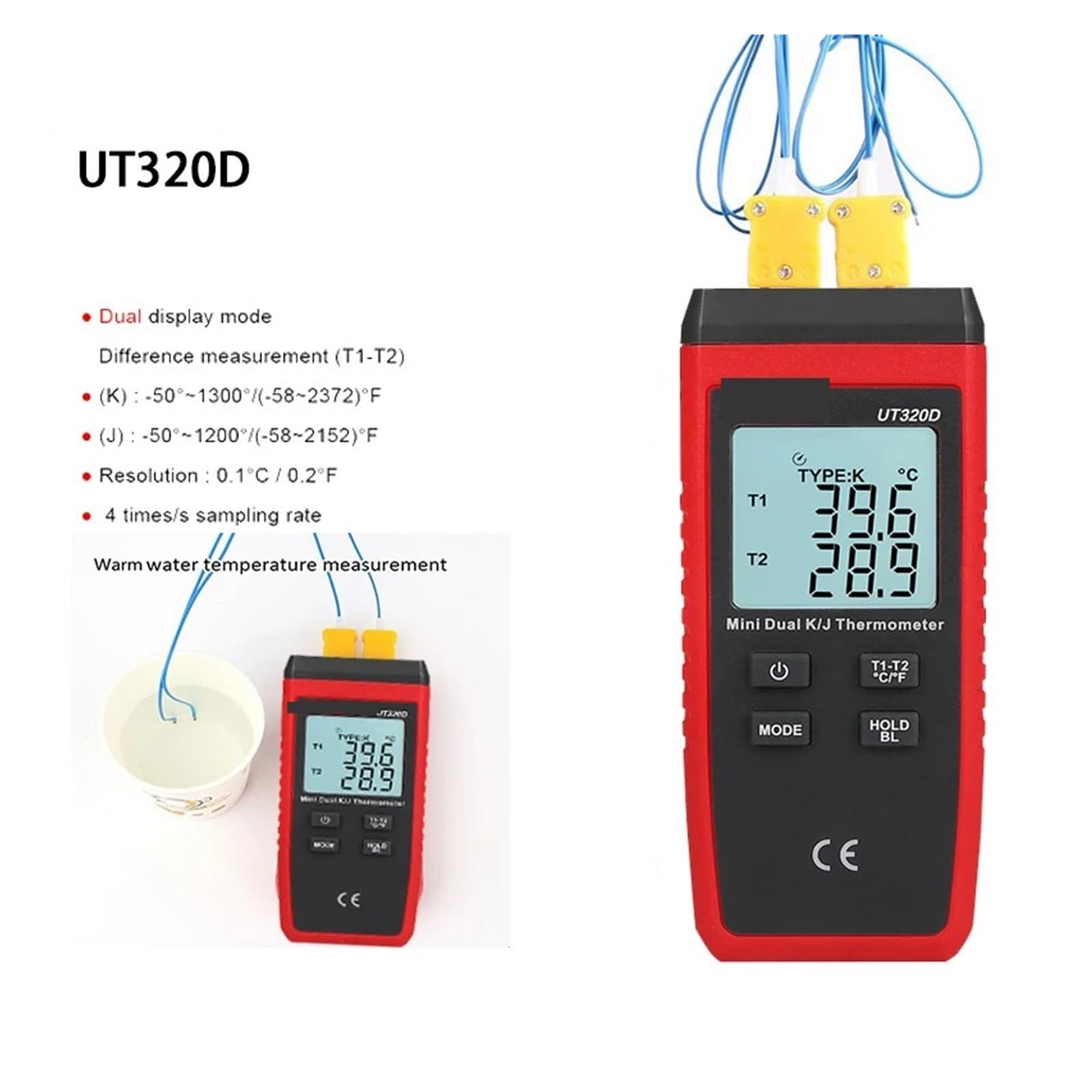 UT320A UT320D Digitalthermometer, Mini-Doppelkontakt-Thermoelement Typ KJ Hochtemperaturmessgerät-Tester -50 ℃ bis 1200,Präzisionsinstrument(UT320D)