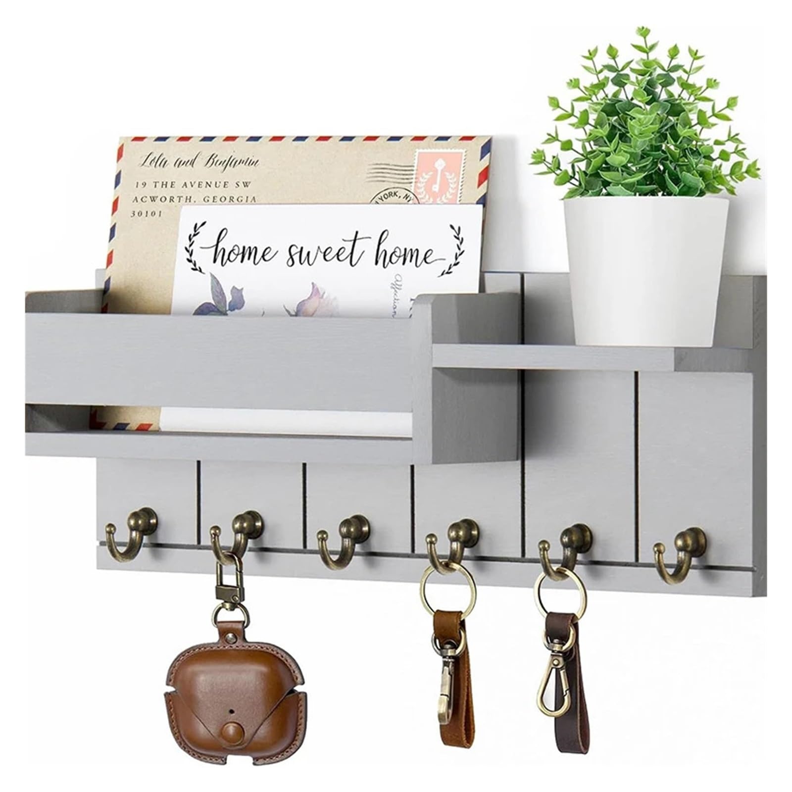 Kifsdlf Grey Wood Key Rack Mail Organizer 6 Hooks Storage