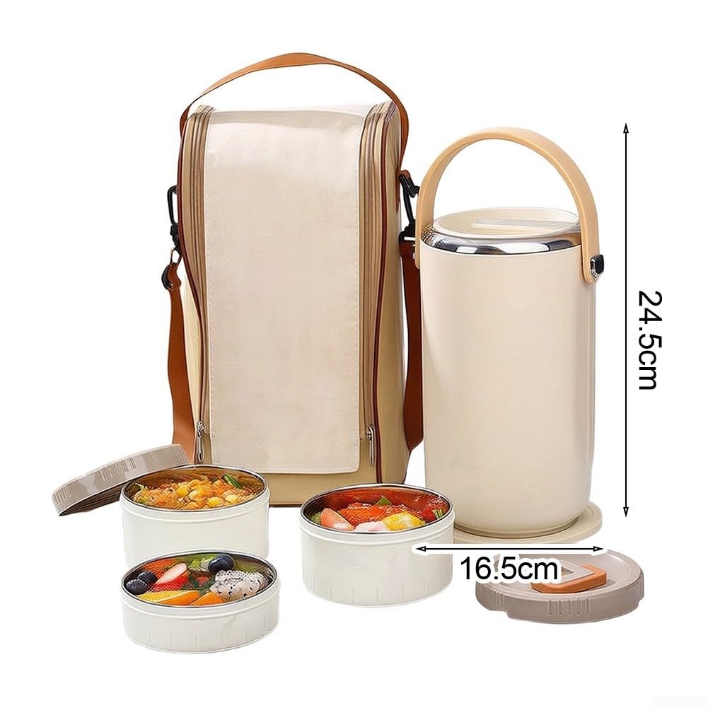 Boîte Lunch Isotherme 3 Niveaux 86oz Chaude Froide Boîte Lunch(White) | Isolation pour vide double paroi, chaud froid 6-8h, 3 niveaux séparés, 86oz total, pour idéal bureau école