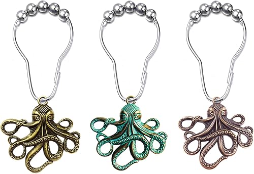 Miniatura 2 de Juego de 12 ganchos decorativos para cortina de ducha de pulpo, para el hogar, baño, calamar, criatura marina, bestia, acero inoxidable, anillos de