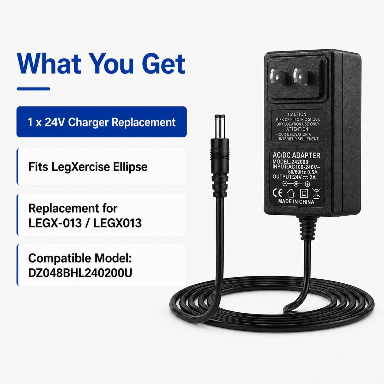 24V Leg Exerciser Charger Replacement for LegXercise Ellipse Motorized Leg Assisted Movement, AC Adapter Power Cord Compatible with LEGXERCISE LEGX-013 LEGX013 Ellipse Automatic Leg Mover