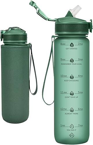 Newfad Botella de agua con pajilla, botellas de agua motivacionales de 32 onzas con marcador de tiempo y funda sin sudor, sin BPA, a prueba de