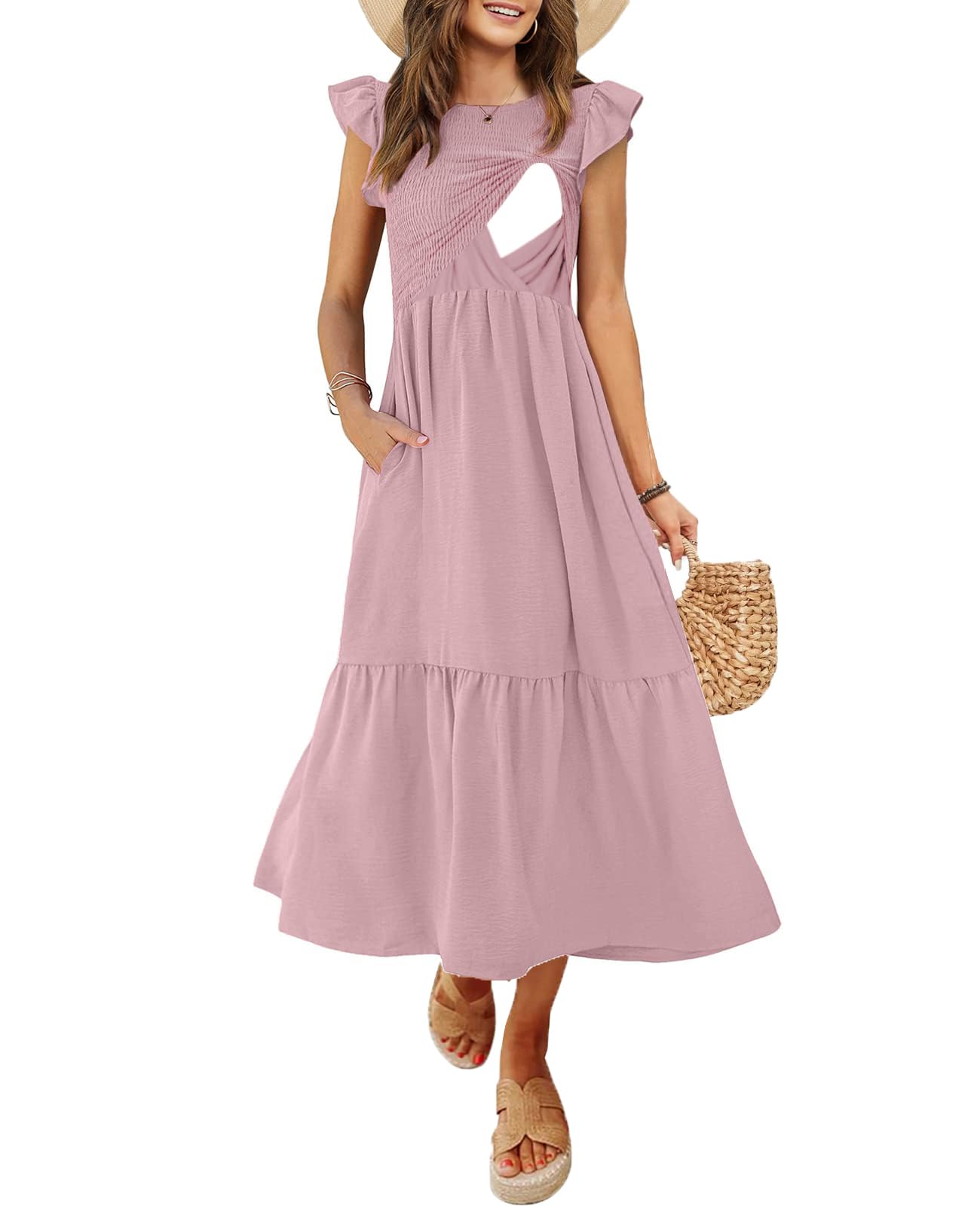 CzzzyL Women's Nursing Dress Flutter Short Sleeve Smocked Midi