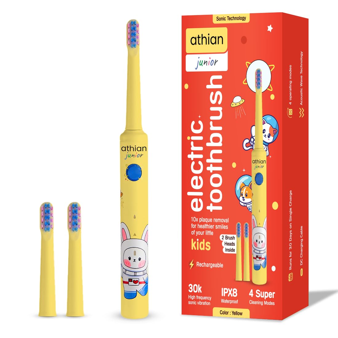 athian Junior UltraSonic Electric Toothbrush for Kids | 2 Brush Heads 40,000 VPM Electric Motor & Rechargeable battery - 4 Super Cleaning Modes & Smart timer-image-16